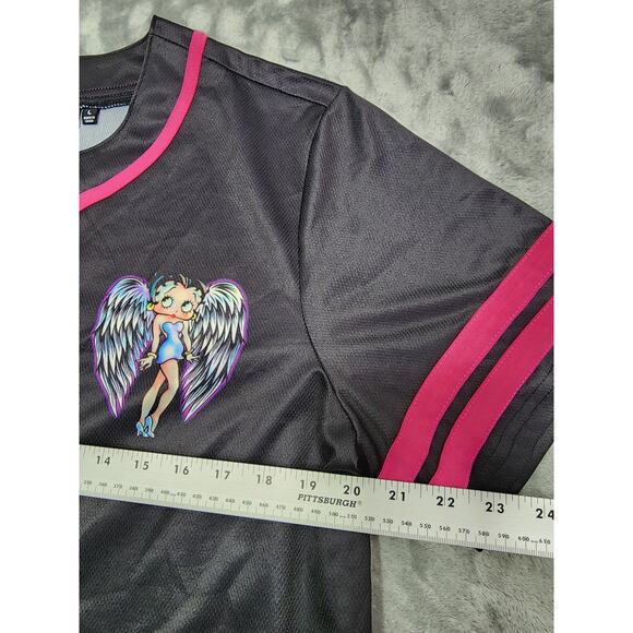 Betty Boop Top Womens L Black Graphic Baseball Jersey Born to Rise Angel Wings - Picture 8 of 10